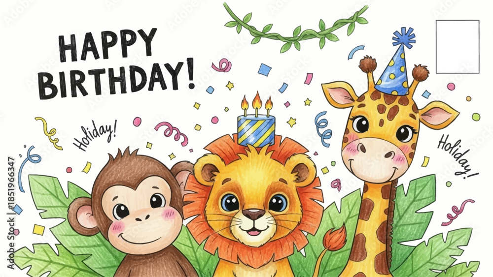 Obraz premium Kids cute animal print, hand drawn happy birthday party cartoon colorful pencil postcard elements. Baby lion, monkey face, giraffe in funny hat, holiday confetti scribble. Jungle kids animal poster