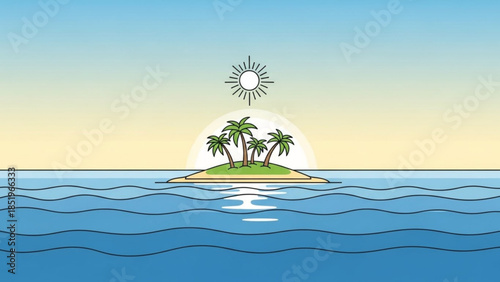 Tropical island with palm trees in ocean at sunset with sun and wavy sea
