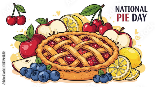 National Pie Day illustration with a delicious fruit pie surrounded by various fresh fruits like cherries, blueberries, apple, and lemon
