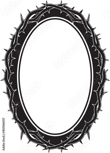 An elegant oval frame composed of thick, overlapping black thorny vines with sharp spikes. This gothic-style vector border is perfect for dark aesthetic designs, logos, or alternative artwork.