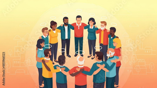 Diverse group of people standing together in unity and solidarity with halo symbols