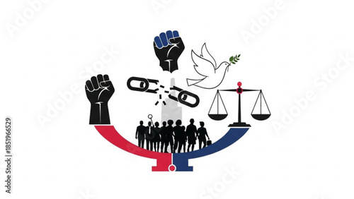 Equality and freedom concept with raised fists, broken chains, and scales of justice