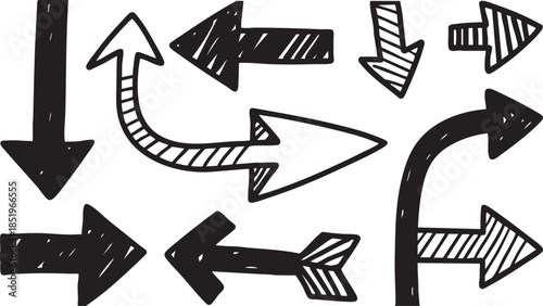 A collection of various hand-drawn doodle arrows pointing in different directions, featuring solid black and outlined styles.