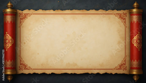 Ancient golden scroll with blank aged parchment and ornate red rollers for your message