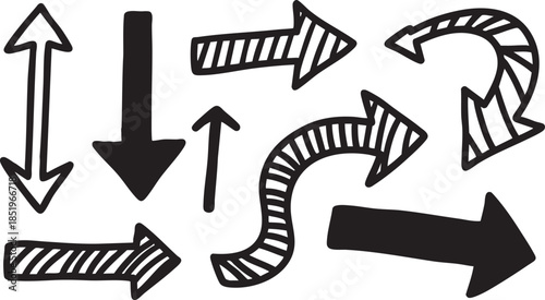 Collection of various hand-drawn black and white arrows pointing in different directions, including striped and solid designs.