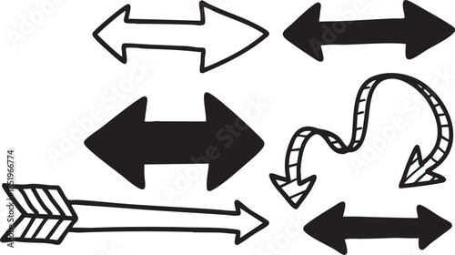 A collection of hand-drawn arrows in various styles, including outlined, solid, double-headed, and curved designs, suitable for graphic resources.