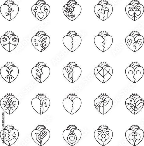 "Heart Locket Icon Collection - Decorative Valentine Love Symbol Set Line Art"