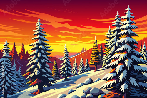 Tall snow-covered pine trees fill a quiet mountain valley, creating a serene winter landscape with layered depth, cold atmosphere, and untouched natural beauty, sunset golden time