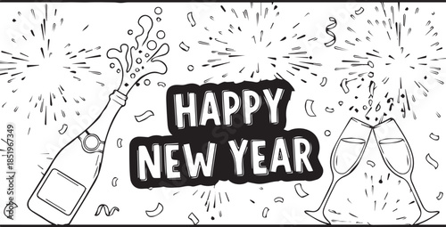 A festive line-art vector featuring "HAPPY NEW YEAR" text, a popping champagne bottle, clinking flutes, fireworks, and confetti. A joyful, high-energy composition for holiday celebrations.