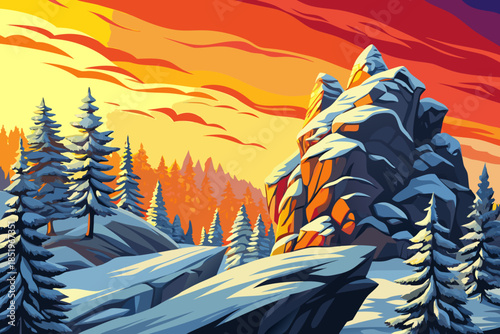 Tall snow-covered pine trees fill a quiet mountain valley, creating a serene winter landscape with layered depth, cold atmosphere, and untouched natural beauty, sunset golden time