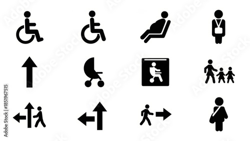 A collection of universal accessibility and directional signage icons, including wheelchair users, pregnant individuals, families, and directional arrows.
