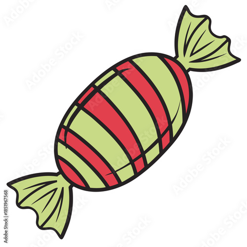 Cartoon-style wrapped candy with red and green diagonal stripes, festive and playful in appearance.
