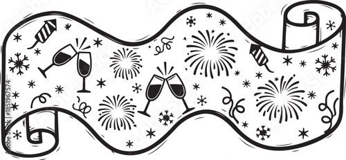 A whimsical hand-drawn scroll banner featuring a festive pattern of clinking champagne glasses, fireworks, sparkling stars, and swirling confetti for a New Year's celebration.