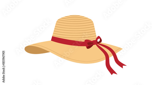 Straw sun hat with a red ribbon and bow, perfect for summer fashion and outdoor activities