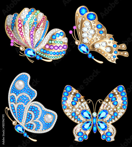 Illustration set of jewelry gold brooches butterflies pendants from precious stones. Beautiful jewelry
