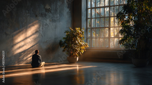 Person sitting alone near window in clean uncluttered space 