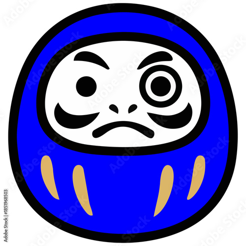 ミニマルなだるまのイラスト。丸みのある形と力強い表情が、忍耐・努力・目標達成への祈りと日本の縁起文化