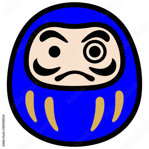 ミニマルなだるまのイラスト。丸みのある形と力強い表情が、忍耐・努力・目標達成への祈りと日本の縁起文化