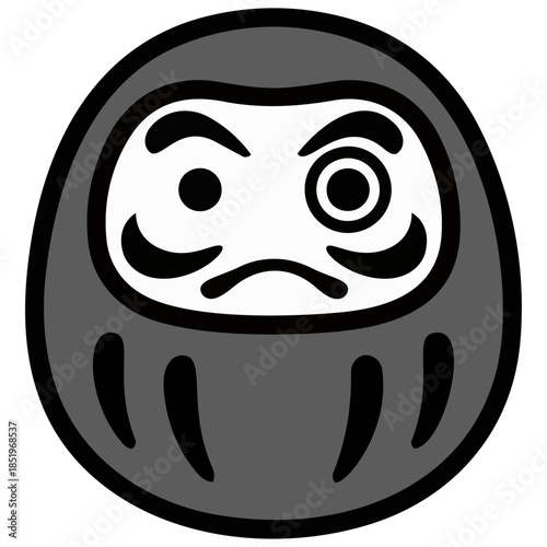 ミニマルなだるまのイラスト。丸みのある形と力強い表情が、忍耐・努力・目標達成への祈りと日本の縁起文化