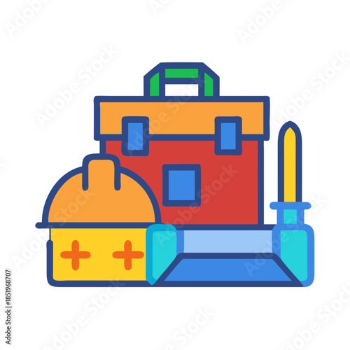 Construction toolbox with helmet and tools icon graphic illustration