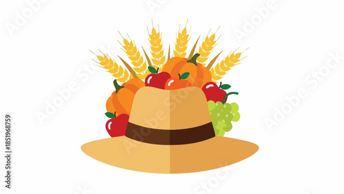 Flat illustration of a straw hat adorned with wheat, fruits and vegetables on a clean white background with warm tones.
