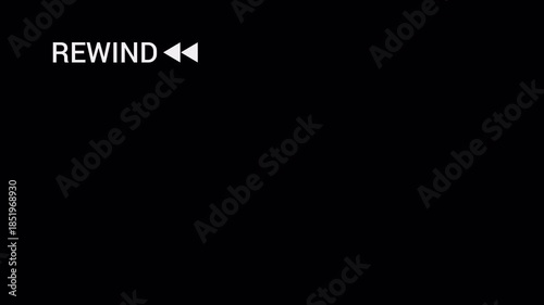 Screen Tittle Rewind Vhs effect text animation. VHS tape rewind big arrows icon symbol. Movements of an old damaged VHS: play, fast forward, rewind, stop, eject. alpha channel. 4K Video.