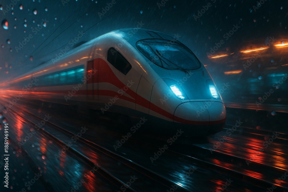 Fototapeta premium Modern Bullet Train in Motion with Neon Lights and Rain Reflections
