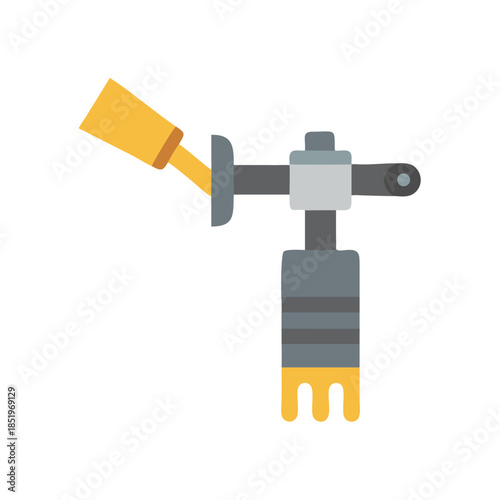 Stylized gray and gold mechanical device on black backdrop