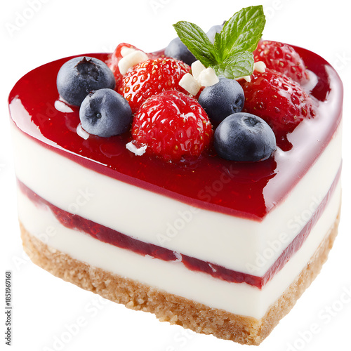 Heart shaped berry cheesecake isolated on transparent background, romantic dessert love and valentine concept.