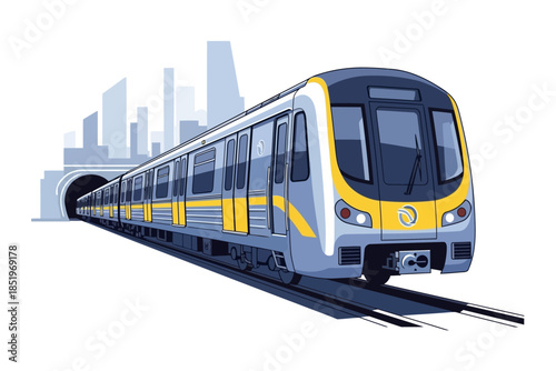 Modern metro train emerging from a tunnel with a stylized cityscape in the background graphic illustration