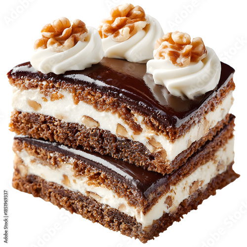 Chocolate cake slice with cream and walnuts isolated on transparent background, dessert bakery sweet concept.