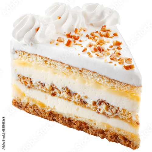 Vanilla cream cake slice isolated on transparent background, layered dessert bakery and cafe concept.