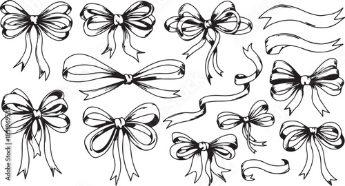 Black Hand Drawn Bows and Ribbons on White Background