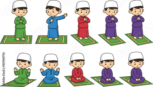 Cute Muslim boy prayer pose illustration collection showing Islamic worship positions on prayer mats illustrated in colorful cartoon flat vector style isolated on white background for religious educat