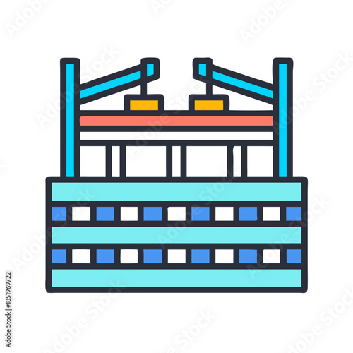 Simple graphic depiction of a blue and orange crane