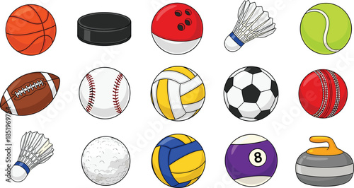 Sports ball and equipment illustration collection featuring basketball, soccer, volleyball, baseball, tennis, hockey puck, shuttlecock, billiard, and curling stone illustrated in colorful flat vector 