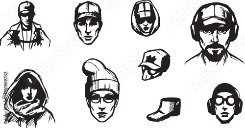 Black and White Sketches of Various People Wearing Hats and Headgear