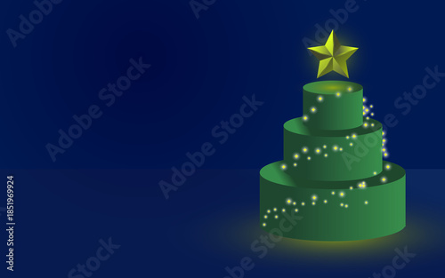 Abstract Green Christmas Tree with Star and Fairy Lights on Dark Blue Background