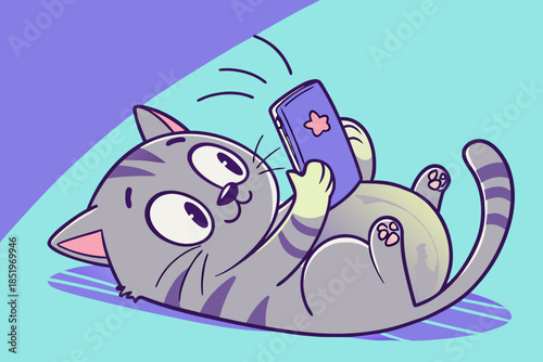 Adorable Cartoon Cat Lying on Back and Browsing Smartphone