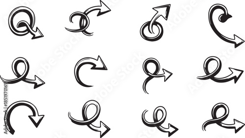 Black Curved Arrows Pointing in Different Directions Isolated on White Background