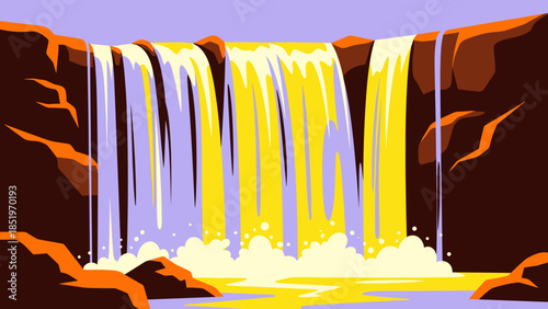 Majestic Waterfall Cascading Down Rocky Cliffs in a Vibrant Landscape.