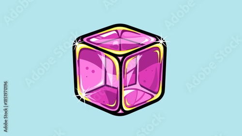 Stylized Pink Gemstone Cube with Gold Trim on Light Blue.