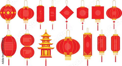 Chinese red lantern decoration collection featuring traditional hanging lanterns and pagoda elements illustrated in vibrant flat vector style isolated on white background for Lunar New Year, festival,