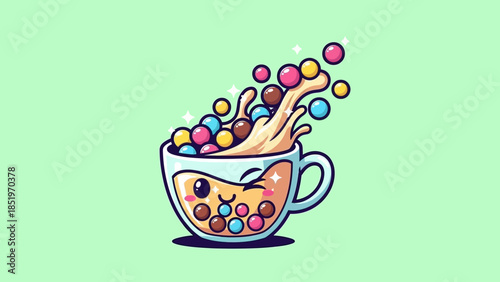 Cute Cup Overflowing with Colorful Boba Balls in Cartoon Style.