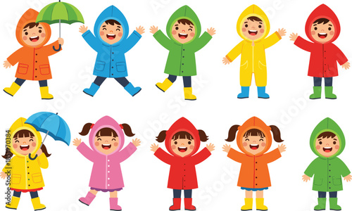 Happy children wearing colorful raincoats and boots illustration collection showing kids playing and jumping in rainy weather illustrated in cute cartoon flat vector style isolated on white background