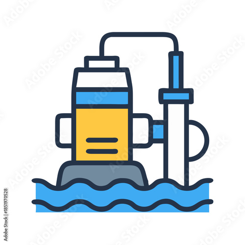 Stylized depiction of a sump pump operating in floodwater