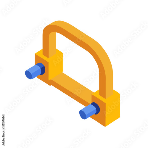 Isometric yellow hacksaw with blue bolts against black background