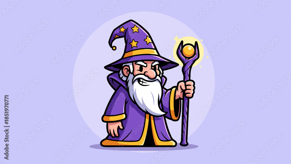 Naklejka premium Cartoon Wizard with Staff and Pointed Hat Illustration.