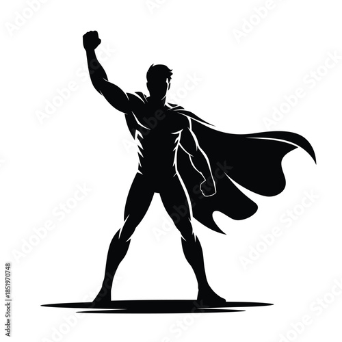 A triumphant superhero silhouette with a flowing cape arms raised high