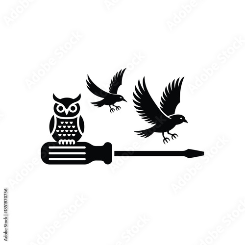 A whimsical illustration featuring an owl crows and a screwdriver tool